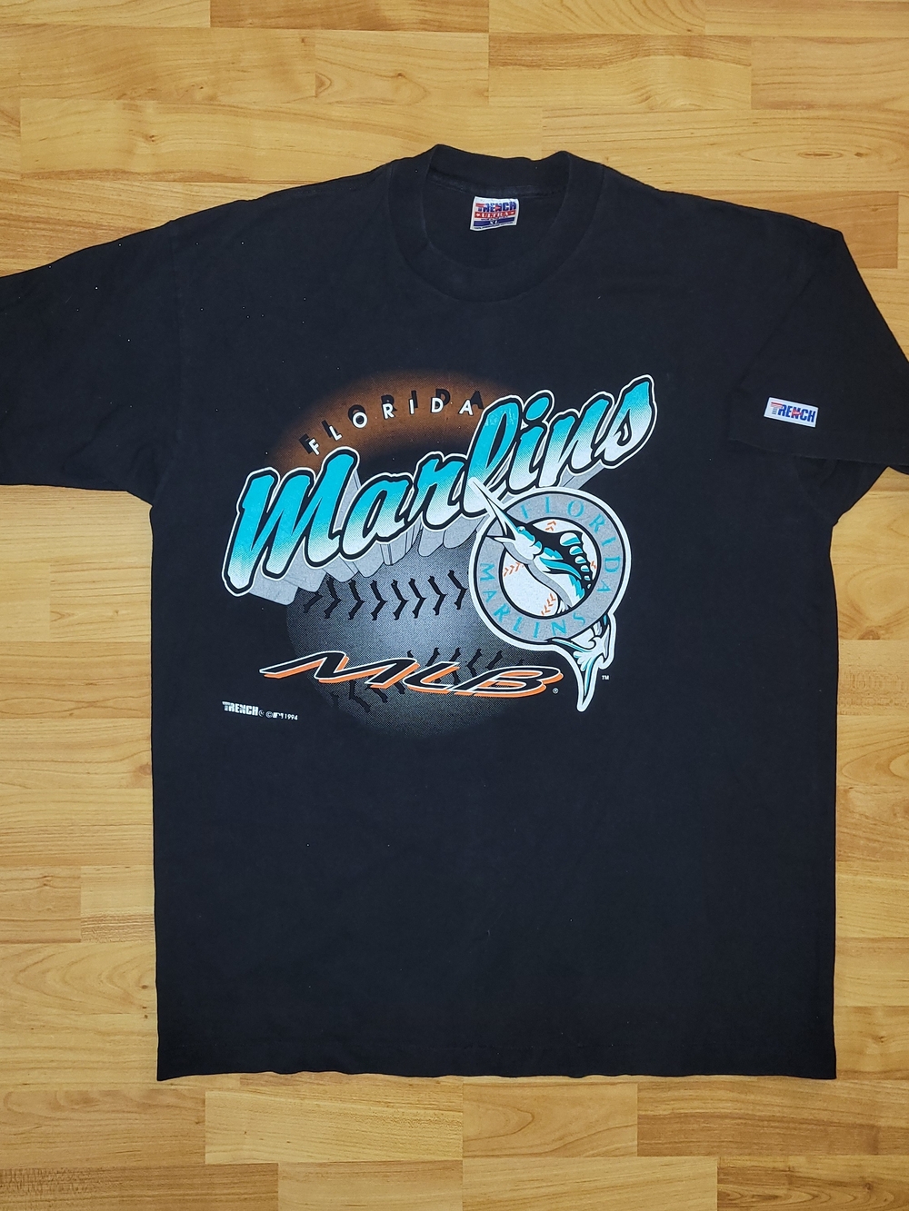 Vintage Florida Marlins 1994 TRENCH MLB Black Retro Single Stitch Graphic Tee XL